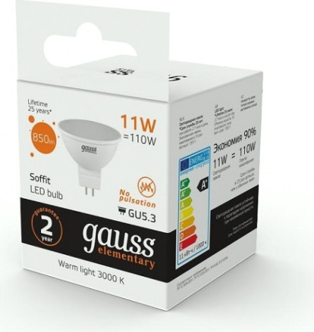 Лампа светодиодная GAUSS MR16 elementary 11w 850lm 3000k gu5.3 led [13511]
