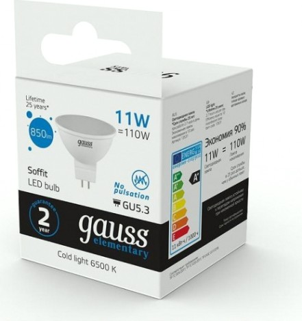 Лампа светодиодная GAUSS MR16 elementary 11w 850lm 6500k gu5.3 led [13531]