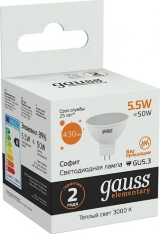 Лампа светодиодная GAUSS MR16 elementary 5.5w 430lm 3000к gu5.3 led [13516]