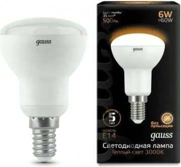 Лампа светодиодная GAUSS R50 r50 6w 500lm 3000k е14 led [106001106]