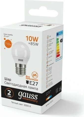 Лампа светодиодная GAUSS Шар elementary шар 10w 710lm 3000k е27 led [53210]