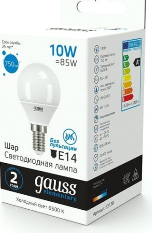 Лампа светодиодная GAUSS Шар elementary шар 10w 750lm 6500k е14 led [53130]