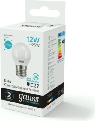 Лампа светодиодная GAUSS Шар elementary шар 12w 920lm 4100k е27 led [53222]