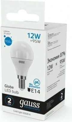 Лампа светодиодная GAUSS Шар elementary шар 12w 950lm 6500k е14 led [53132]
