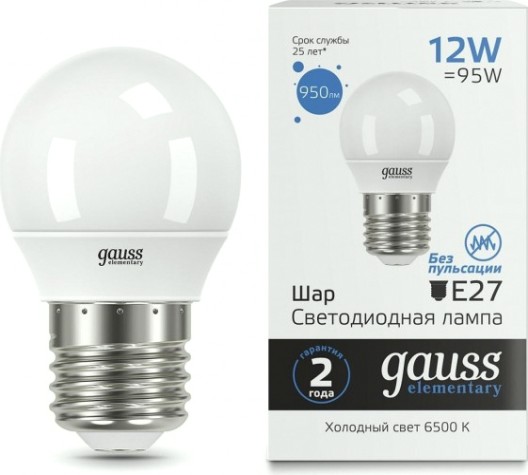 Лампа светодиодная GAUSS Шар elementary шар 12w 950lm 6500k е27 led [53232]