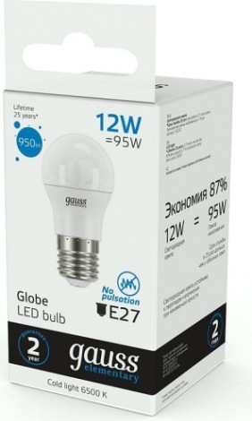 Лампа светодиодная GAUSS Шар elementary шар 12w 950lm 6500k е27 led [53232]