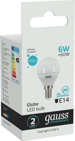 Лампа светодиодная GAUSS Шар elementary шар 6w 450lm 4100k е14 led [53126]