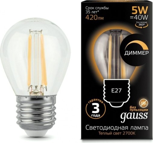 Лампа светодиодная GAUSS Шар filament шар 5w 420lm 2700к е27 диммируемая led [105802105-D]
