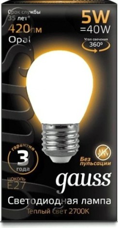 Лампа светодиодная GAUSS Шар filament шар 5w 420lm 2700к е27 milky led [105202105]