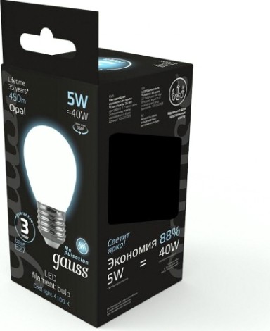 Лампа светодиодная GAUSS Шар filament шар 5w 450lm 4100к е27 milky led [105202205]