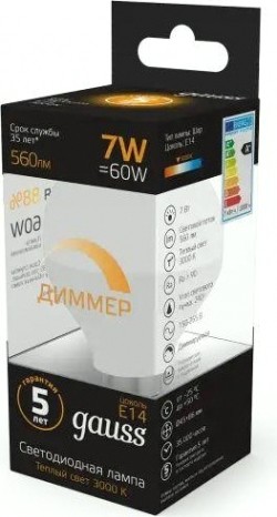 Лампа светодиодная GAUSS Шар led шар-dim e14 7w 560lm 3000к диммируемая [105101107-D]