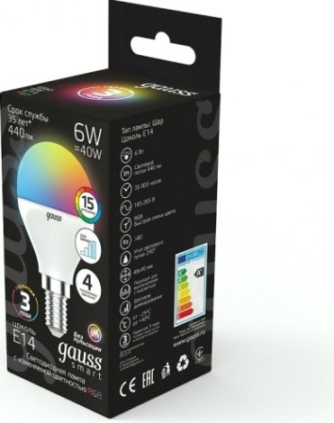 Лампа светодиодная GAUSS Шар шар 6w e14 rgbw+димирование led [105101406]