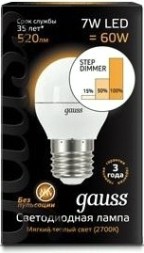 Лампа светодиодная GAUSS Шар шар 7w 520lm 3000k е27 шаг. диммирование led [105102107-S]