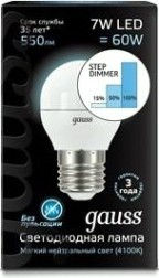 Лампа светодиодная GAUSS Шар шар 7w 550lm 4100k е27 шаг. диммирование led [105102207-S]