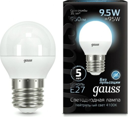 Лампа светодиодная GAUSS Шар шар 9.5w 950lm 4100k e27 led [105102210]