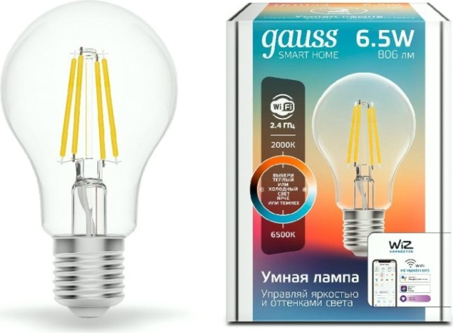Лампа светодиодная GAUSS Smart home filament а60 6,5w 806lm 2000-6500к e27 [1220112]