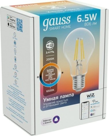 Лампа светодиодная GAUSS Smart home filament а60 6,5w 806lm 2000-6500к e27 [1220112]