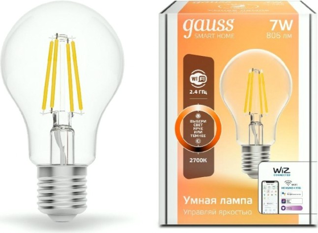 Лампа светодиодная GAUSS Smart home filament а60 7w 806lm 2700к e27 диммируемая led [1200112]
