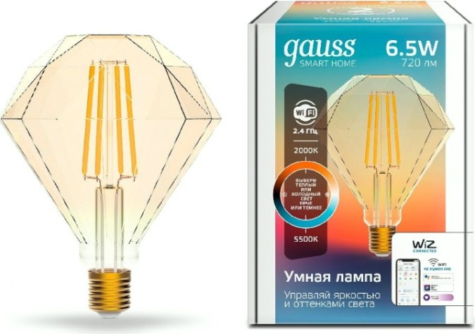 Лампа светодиодная GAUSS Smart home filament diamond 6,5w 720lm 2000-5500к e27 [1370112]