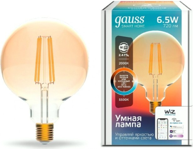Лампа светодиодная GAUSS Smart home filament g95 6,5w 720lm 2000-5500к e27 [1340112]