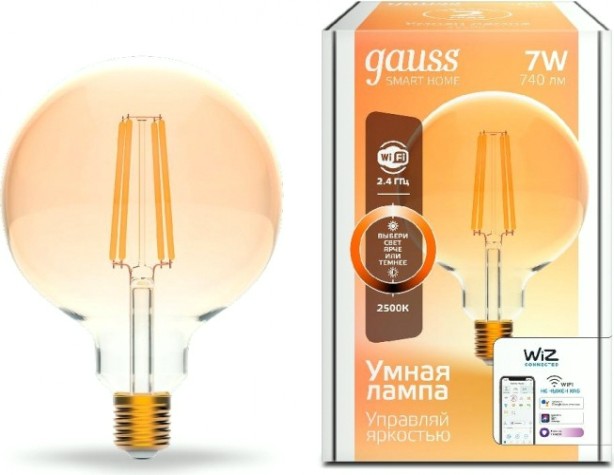 Лампа светодиодная GAUSS Smart home filament g95 7w 740lm 2500к e27 диммируемая led [1320112]