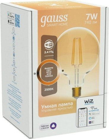 Лампа светодиодная GAUSS Smart home filament g95 7w 740lm 2500к e27 диммируемая led [1320112]