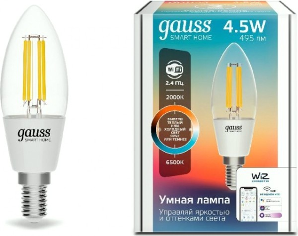 Лампа светодиодная GAUSS Smart home filament с35 4,5w 495lm 2000-6500к e14 [1250112]
