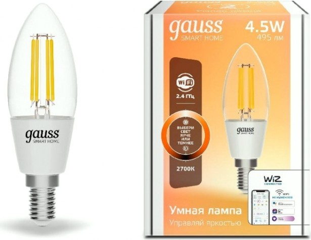 Лампа светодиодная GAUSS Smart home filament с35 4,5w 495lm 2700к e14 диммируемая led [1230112]