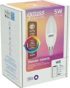 Лампа светодиодная GAUSS Smart home с37 5w 470lm 2700-6500к е14 rgbw диммируемая led [1190112]