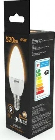 Лампа светодиодная GAUSS Свеча 6.5w 520lm 3000к e14 led [103101107]