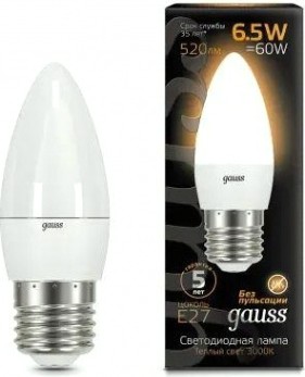 Лампа светодиодная GAUSS Свеча 6.5w 520lm 3000к e27 led [103102107]