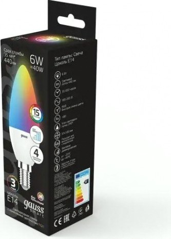 Лампа светодиодная GAUSS Свеча 6w e14 rgbw+димирование led [103101406]