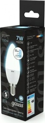 Лампа светодиодная GAUSS Свеча 7w 550lm 4100к e14 шаг. диммирование led [103101207-S]