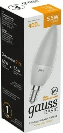 Лампа светодиодная GAUSS Свеча basic 5,5w 400lm 3000k e14 led [1033116]