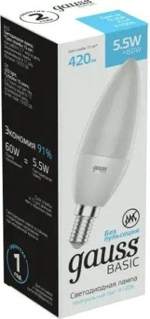 Лампа светодиодная GAUSS Свеча basic 5,5w 420lm 4100k e14 led [1033126]