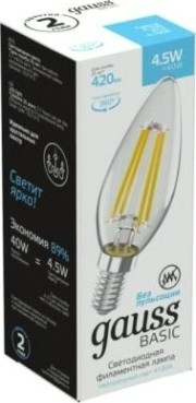Лампа светодиодная GAUSS Свеча basic filament 4,5w 420lm 4100к е14 led [1031215]