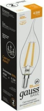 Лампа светодиодная GAUSS Свеча basic filament на ветру 4,5w 400lm 2700к е14 led [1041115]