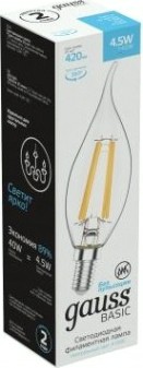 Лампа светодиодная GAUSS Свеча basic filament на ветру 4,5w 420lm 4100к е14 led [1041125]