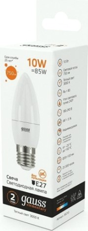 Лампа светодиодная GAUSS Свеча elementary 10w 750lm 3000k e27 led [30210]