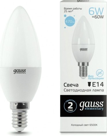 Лампа светодиодная GAUSS Свеча elementary 6w 470lm 6500k е14 led [33136]