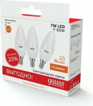 Лампа светодиодная GAUSS Свеча elementary 7w 450lm 3000k e14 (3 шт) [33117T]