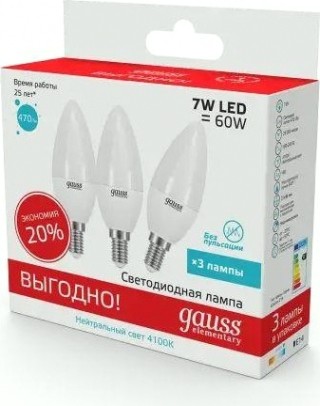 Лампа светодиодная GAUSS Свеча elementary 7w 470lm 4100k e14 (3 шт) [33127T]