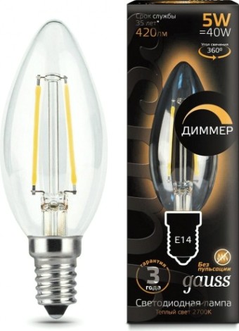 Лампа светодиодная GAUSS Свеча filament 5w 420lm 2700к е14 диммируемая led [103801105-D]