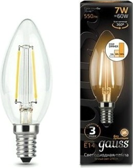 Лампа светодиодная GAUSS Свеча filament 7w 550lm 2700к е14 шаг. диммирование led [103801107-S]