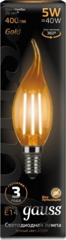 Лампа светодиодная GAUSS Свеча filament на ветру 5w 400lm 2700к е14 golden led [104801005]