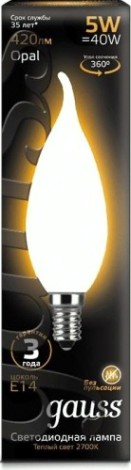 Лампа светодиодная GAUSS Свеча filament на ветру 5w 420lm 2700к е14 milky led [104201105]