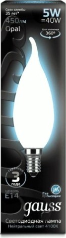 Лампа светодиодная GAUSS Свеча filament на ветру 5w 450lm 4100к е14 milky led [104201205]
