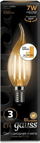 Лампа светодиодная GAUSS Свеча filament на ветру 7w 550lm 2700к е14 шаг. диммиров [104801107-S]
