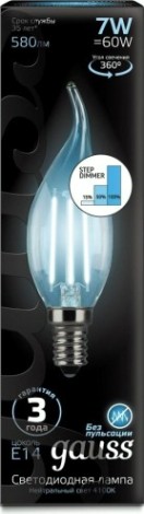 Лампа светодиодная GAUSS Свеча filament на ветру 7w 580lm 4100к е14 шаг. диммиров [104801207-S]