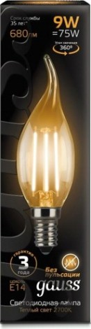 Лампа светодиодная GAUSS Свеча filament на ветру 9w 680lm 2700к е14 led [104801109]